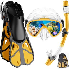 Snorkel Set with Fins for Adults, Snorkeling Gear for Adults Men and Women, Snorkle, Mask Set Adults Dry Top Snorkel Mask Combo Set with Travel Bag for Snorkeling, Diving, Swimming