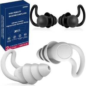 Ear Plugs for Sleeping Noise Cancelling, Best Ear Plugs - 33dB Reusable Hearing Protection EarPlugs in Flexible Soft Silicone for Sleep, Concert, Swimming, Adults (Black White, 2 Pair)