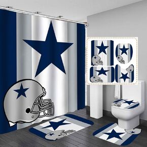4PCS/Set American Football Shower Curtain, White Navy Blue Stripe Texas Star Championship Player Athlete Modern Cool Sports Bathroom Decor for Men, Non-slip Bath Rugs Toilet Mat, Grey Helmet