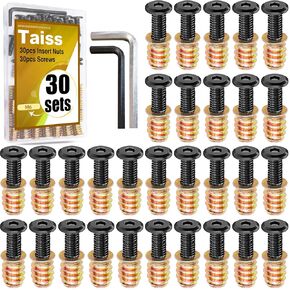 Taiss 30 Sets M6x25 Furniture Screw M6x15 Threaded Inserts for Wood,Screw-in Nuts,Nut Threaded Wood Inserts Bolt Fastener Connector Hex Socket Drive Screw