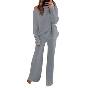 Fall 2 Piece Knitted Outfit for Women Bare Shoulder Loose Sweater Top with Pants Knit Sweatsuit Sets Green L