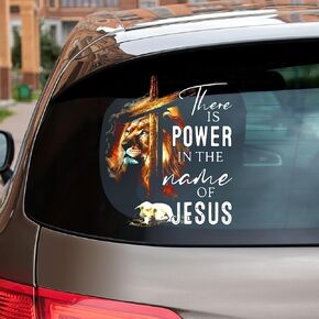 Jesus Lion of Judah Cross and Lamb There is Power in The Name of Jesus Transparent Vinyl Car Sticker Size 6x6 inches
