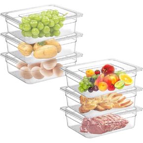 1/6 4" 6 Pack Plastic Food Pans With Lids, Clear Food Pan, Commercial Stackable Polycarbonate Freezer-Safe for Fruits Vegetables Restaurant Kitchen