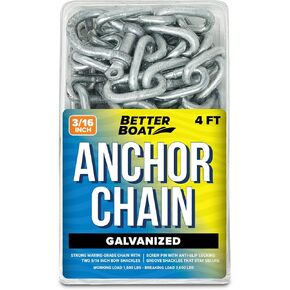 Galvanized Anchor Chain, Marine Grade, 3/16", 1/4", or 5/16" Chain with 2 Anchor Shackles, Link Ends, 4 or 5 Ft, for Boats