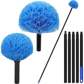 Cobweb Duster with Extension Pole, Spider Web Brush with Pole, 2 Pack Cobweb Duster Brush Head & 17-76 Inch 5-Section Iron Pole Cobweb Duster Combo, Outdoor & Indoor Cobweb Duster with Extension Pole