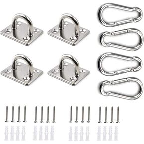HOMPER 4Pcs M5 304 Stainless Steel Oblong Pad Eye Plate and 4Pcs Carabiner Clips, Marine Hardware Staple Hook Loop with 16 Screws and Plastic Plugs