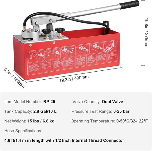 VEVOR Test Pump, Pressure Test Pump, Filling Pump, Pressure Test Pump, Hydrostatic Test Pump, Hydraulic Pressure Test Pump, 25 Bar / 2.5 MPa Water Pressure Tester, 12 L Tank Volume in Saudi Arabia