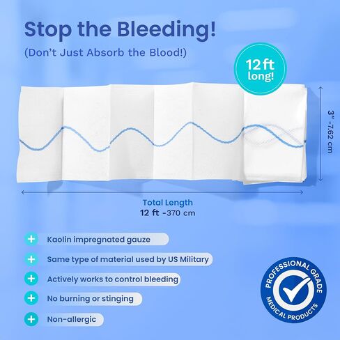 Advanced: Kaolin Hemostatic Bandage - Sterile Z-Fold Clotting Gauze (3 in. x 3.3 feet - Small) (2 Pack) in Saudi Arabia