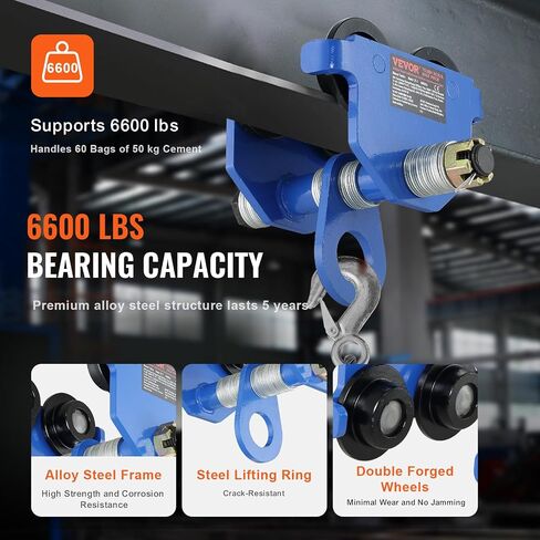 VEVOR Manual Trolley, 6600 lbs/3 Ton Load Capacity, Push Beam Trolley with Dual Wheels, Adjustable for I-Beam Flange Width 2.5" to 7", Heavy Duty Alloy Steel Garage Hoist for Straight Curved I Beam in Kuwait