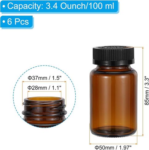 PATIKIL 3.4oz/100ml Glass Packer Bottles, 6Pcs Round Wide Mouth Bottle Packer Bottles with Black Ribbed Lid for Reagent Liquids, Essential Oils, Perfume, Amber in Saudi Arabia