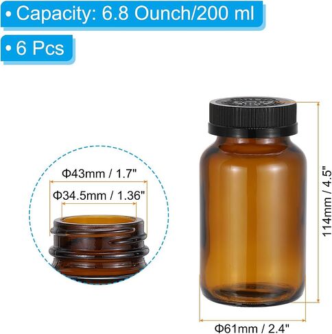PATIKIL 3.4oz/100ml Glass Packer Bottles, 6Pcs Round Wide Mouth Bottle Packer Bottles with Black Ribbed Lid for Reagent Liquids, Essential Oils, Perfume, Amber in Saudi Arabia
