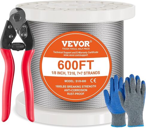 VEVOR 1/8 Stainless Steel Cable, 1/8 Wire Rope, 100 FT 316 Cable Wire 20 Sleeves & 10 Thimbles, 1600 lbs Breaking Strength, 7x7 Strands Marine Aircraft Grade for Handrail Stair Decking Fence Outdoors in Saudi Arabia