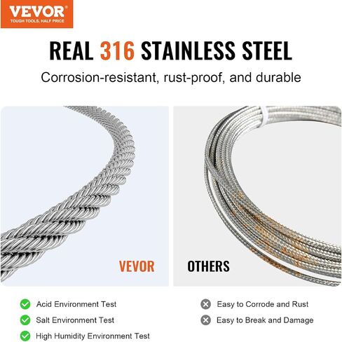 VEVOR 1/8 Stainless Steel Cable, 1/8 Wire Rope, 100 FT 316 Cable Wire 20 Sleeves & 10 Thimbles, 1600 lbs Breaking Strength, 7x7 Strands Marine Aircraft Grade for Handrail Stair Decking Fence Outdoors in Saudi Arabia