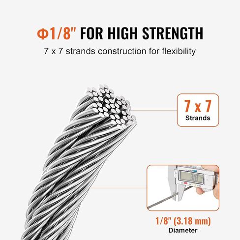 VEVOR 1/8 Stainless Steel Cable, 1/8 Wire Rope, 100 FT 316 Cable Wire 20 Sleeves & 10 Thimbles, 1600 lbs Breaking Strength, 7x7 Strands Marine Aircraft Grade for Handrail Stair Decking Fence Outdoors in Saudi Arabia