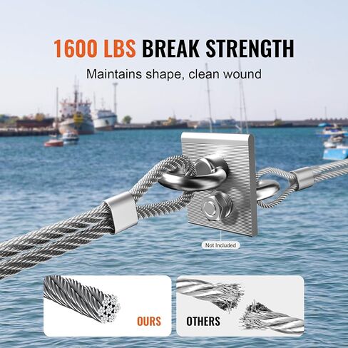 VEVOR 1/8 Stainless Steel Cable, 1/8 Wire Rope, 100 FT 316 Cable Wire 20 Sleeves & 10 Thimbles, 1600 lbs Breaking Strength, 7x7 Strands Marine Aircraft Grade for Handrail Stair Decking Fence Outdoors in Saudi Arabia