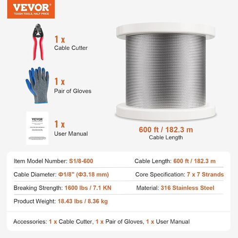 VEVOR 1/8 Stainless Steel Cable, 1/8 Wire Rope, 100 FT 316 Cable Wire 20 Sleeves & 10 Thimbles, 1600 lbs Breaking Strength, 7x7 Strands Marine Aircraft Grade for Handrail Stair Decking Fence Outdoors in Saudi Arabia