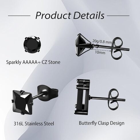 4 Pairs Cubic Zirconia Earrings Studs, Silver Stud Earrings Hypoallergenic Men Earrings Stud Princess Cut Square Earrings for Women Girls Stainless Steel Cartilage Piercing White Gold Earrings Set Men Jewelry in Saudi Arabia