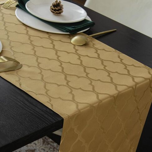 Jacquard Beige Table Runner,Diamond Dot Plaid Pattern Dresser Scarf,Rectangular Polyester Wrinkle Resistant Table Runners for Kitchen Dining Tabletop Decoration(14 x 36 Inch) in Kuwait