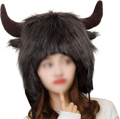 Buffalo Hat with Horns Artificial Fur Cowhorn Hat Plush Fluffy Faux Fur 2-in-1 in Kuwait
