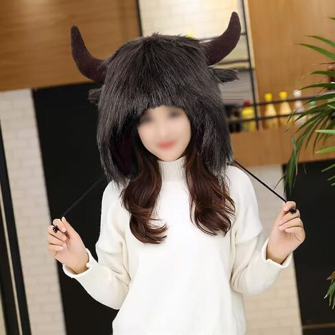 Buffalo Hat with Horns Artificial Fur Cowhorn Hat Plush Fluffy Faux Fur 2-in-1 in Kuwait
