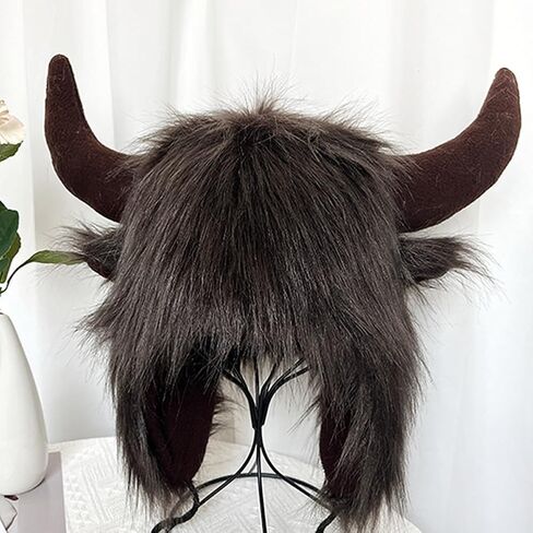 Buffalo Hat with Horns Artificial Fur Cowhorn Hat Plush Fluffy Faux Fur 2-in-1 in Kuwait