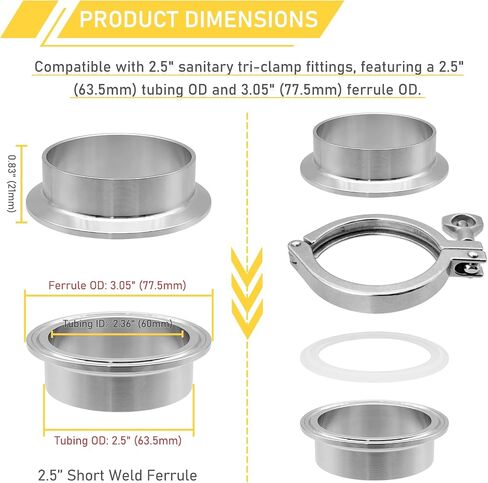 1.5 Inch Tri Clamp Ferrule for 1.5" Sanitary Tri-Clamp Fittings 304 Stainless Steel TC Short Weld Ferrules 2PCS in Kuwait