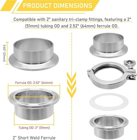 1.5 Inch Tri Clamp Ferrule for 1.5" Sanitary Tri-Clamp Fittings 304 Stainless Steel TC Short Weld Ferrules 2PCS in Kuwait