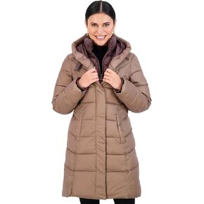 Jones NY Hooded Women's Puffer Jacket with Pillow Collar Bib, Womens Winter Coat, Black