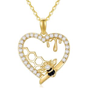 Gold Bee Necklace Gifts Yellow Gold Bee Honeycomb Y Pendant Necklace Fine Gold Beehives Jewelry Gifts for Mom Women Girls Her Wife Girlfriend