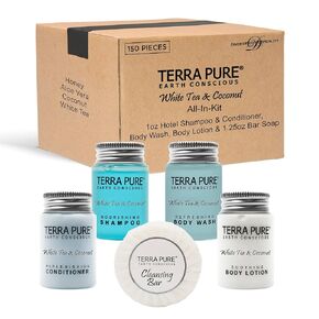 Terra Pure White Tea and Coconut Hotel Soaps and Toiletries Bulk Set |1-Shoppe All-In-Kit for Hotels | 1oz Shampoo & Conditioner, Body Wash, Lotion & 1.25oz Bar Soap |Travel Size Toiletries 150 Pieces