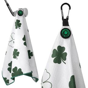 Magnetic Golf Towel for Golf Bags Microfiber Fabric Waffle Pattern Golf Towels for Men or Women, Magnet Golf Towel with Heavy Duty Carabiner Clip Golf Gifts for Men Golf Accessories (Lucky Clover)
