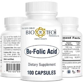 Bio-Tech Pharmacal B6-Folic Acid, 100 Capsules – All-Natural Supplement – Supports Cardiovascular, Bone, & Nervous System Health – No Dairy, Fish, Gluten, Peanut, Shellfish, Halal, & Soy – No