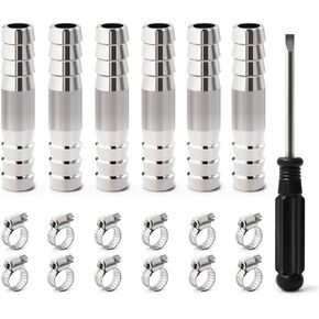 6PCS 3/8" to 3/8'' Barb Splicer Mender Hose Stainless Steel Barb Fitting Straight Hose Barb Connector with 12PCS Hose Clamps and Screwdriver, for Water Fuel Air