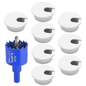 8pcs 1-3/8 Inch Desk Grommet with Drilling Hole Saw, Plastic Desk Hole Cover, White Cable Hole Cover, Desk Hole Grommet for Wire Cord Organizing Office Computer Desk