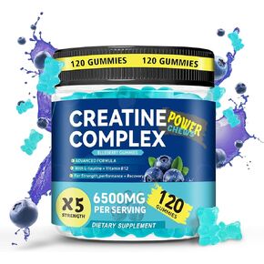 Creatine Monohydrate Gummies 6500mg per Serving for Men & Women - 120 Gummies X5 Strength Sugar Free Chewable Creatine for Muscle Builder, Muscle Strength, Pre-Workout Supplement (Blueberry)