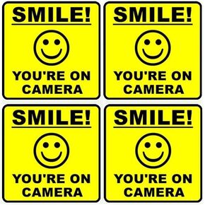 Outdoor/Indoor (4 Pack) 4" Wide X 4" high Home Business Smile You're ON Camera Yellow Window Door Warning Security Alert Sticker Decals **Back Self Adhesive Vinyl**