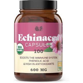 Complete Natural Products Organic Echinacea Root Capsules & Purpurea Root Dried Powder Extract - 600mg 100 Veggie Pills Healthy Herbal Support