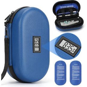FYY Insulin Cooler Travel Case - Insulated Diabetic Cooler for Travel with Temperature Display and 2x130g Reusable Ice Packs Medicine Organizer Case for Insulin Pens-Blue