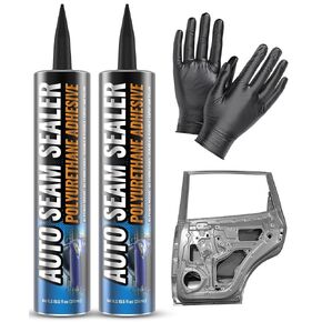 2 Pack Professional Automotive Seam Sealer, Paintable Quick-Set Polyurethane Auto Body Seam Sealer for Metal Surfaces of Cars, Trucks, Etc, Includes Gloves & Tip - White RV Roof Sealant
