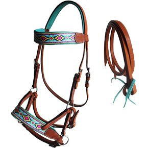CHALLENGER Horse Western Tan Leather Padded Bitless Training Sidepull Bridle Reins 77RS35TN-F
