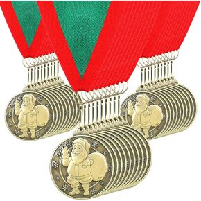 30 Pcs Christmas Santa Medals Award 2" Gold Santa Christmas Trophy Award Medals Includes Neck Ribbon for Christmas Party Ornament Favor Gift Prize