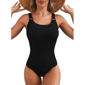 Herseas Women's One Piece Swimsuit Solid Ribbed Padded O Ring Wide Straps Scoop Neck Low Back 2025 Bathing Suit