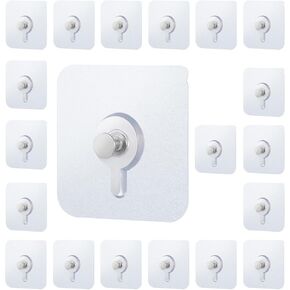 20 Pack Heavy Duty Drill Free Adhesive Hooks for Hanging, No-Trace Sticker Wall Frame Picture Hangers Without Nails, Transparent Stick on Hooks with Waterproof and Oilproof for Kitchen, Bathroom