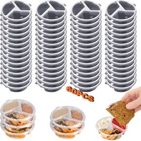 3 Compartment Condiment Containers with Lids Disposable Sauce Cups Small Plastic Snack Containers Portion Cups for Salsa Dips Dressing, 5 oz, 30 Pcs