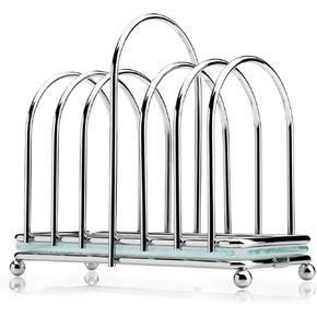 Kilo BA87 Art Deco Design Chrome 6 Slice Toast Rack with Frosted Glass Base, Ball Feet and Loop Carry Handle, Silver