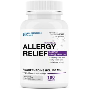 Puregen Labs Allergy Relief, Fexofenadine 180mg, 100 Tablets – 24 Hour Non-Drowsy Antihistamine Allergy Medicine for Runny Nose, Sneezing, Itchy, Watery Eyes - Made in USA