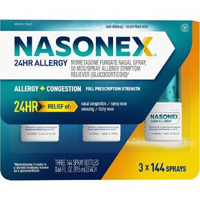 Nasonex 24HR Allergy Nasal Spray, Allergy + Congestion, Non-Drowsy Relief in Full Prescription Strength,120 Spray, 3 Pack