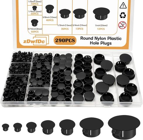290PCS 7 Sizes Black Nylon Hole Plugs Plastic Plugs for Round Holes, 1" 3/4" 1/2" 3/8" 5/16" 1/4" 1/5" Round Hole Cover Snap Locking, Used for Plastic Furniture, Cabinet Furniture DD015-b in Saudi Arabia