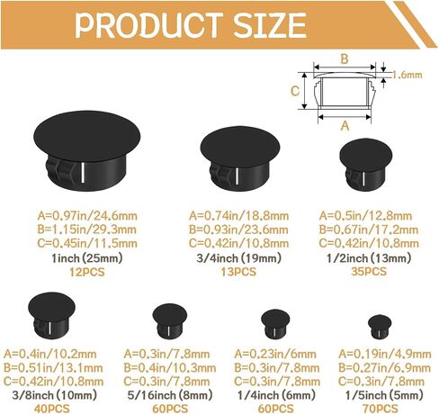 290PCS 7 Sizes Black Nylon Hole Plugs Plastic Plugs for Round Holes, 1" 3/4" 1/2" 3/8" 5/16" 1/4" 1/5" Round Hole Cover Snap Locking, Used for Plastic Furniture, Cabinet Furniture DD015-b in Saudi Arabia