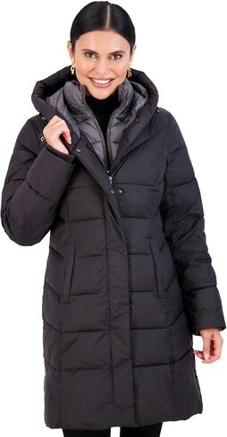 Jones NY Hooded Women's Puffer Jacket with Pillow Collar Bib, Womens Winter Coat, Black in Saudi Arabia